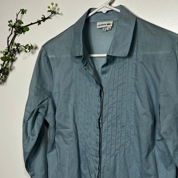 Lacoste Light Blue Button Down Front Gathered Long Sleeve Shirt Blouse 100% Cott - Picture 4 of 14